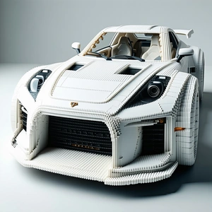A white sports car is displayed in a white room.