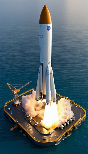 A Large Rocket Ship On A Platform In The Ocean