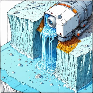 A Blue Waterfall Is Flowing From A Large White Structure, Which Appears To Be A Space Station