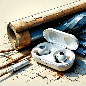 Tech Woodcut Print: Wireless Earbuds With Digital Artwork With Image, There
