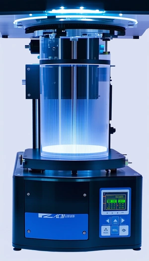 A Large, Clear Glass Cylinder With A Blue Light Inside