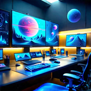 (futuristic:1.5) (digital:1.16) Workspace With Image, There