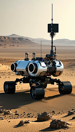 A Large Robotic Vehicle With Four Wheels, Sitting In A Desert-like Environment