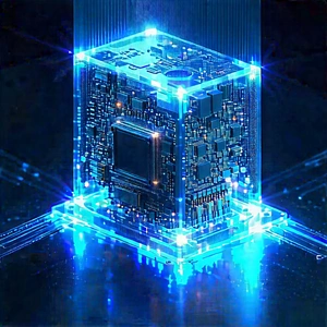 Quantum Computer With Holographic Projection With Blue, Three-dimensional
