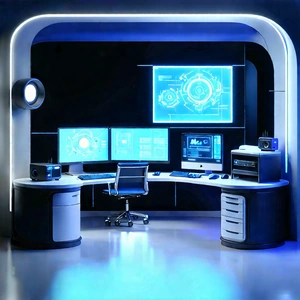 (futuristic:1.11) (digital:1.28) Workspace With Image, There