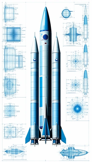 A Blue Rocket Ship Is Shown In A Drawing, With A Smaller Rocket Ship Attached To The Side Of It
