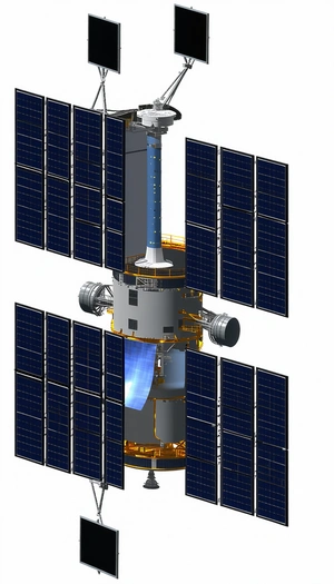 A Space Station Is Shown In A Drawing, With A Large Satellite On Top Of It