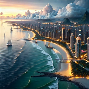 Urban 3d Render: Cityscape Of Coastal (city:1.37) During Sunrise With Beautifully Rendered