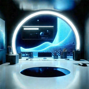 Futuristic (digital:1.25) Workspace With Image, There