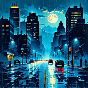 Urban Woodcut Print: Cityscape Of Downtown District During Rainy Evening With City Street