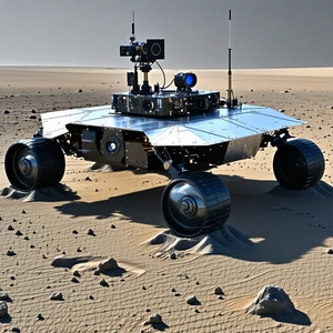 A Large Robotic Vehicle Is Sitting On A Rocky Surface, Possibly A Desert