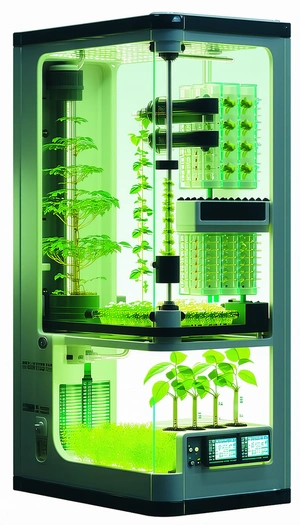 A Large, Green, Illuminated Box Filled With Various Plants