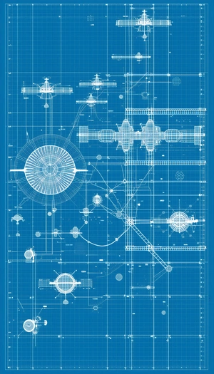 A Blue Drawing Of A Space Station Is Displayed
