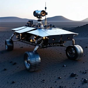 A Futuristic Robotic Vehicle, Possibly A Rover Or A Spacecraft, Parked On A Rocky Surface