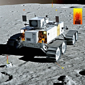 A White Vehicle Is Parked On The Moon, With A Large Antenna On Top