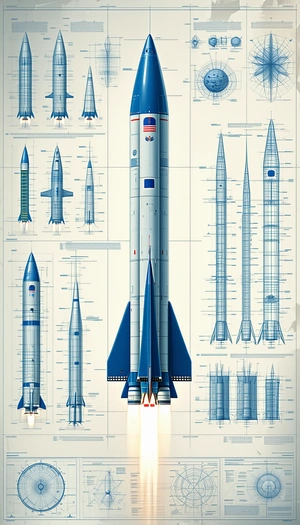 The Image Is A Blue And White Illustration Of A Rocket Ship