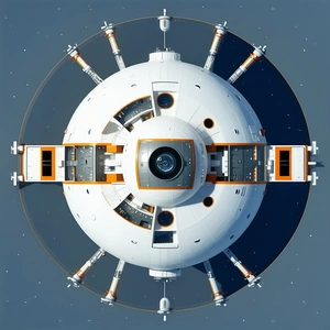 The Image Is A 3d Model Of A Space Station, Showcasing Its Interior And Exterior