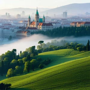 Urban Lithograph: Cityscape Of Historic (city:1.32) Center During Foggy Morning With Beautiful Landscape