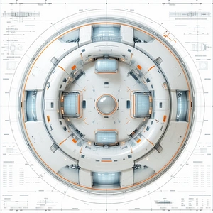 A White And Orange Space Station Is Shown In A 3d Drawing