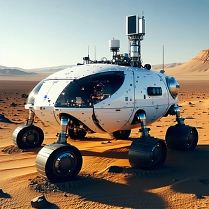 A Large White Spacecraft Is Parked On A Sandy Surface, Possibly A Desert
