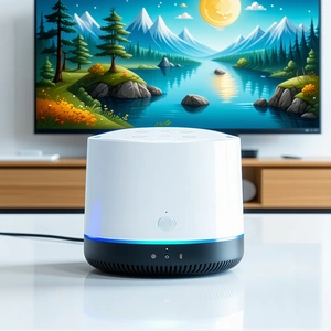 The image features a white speaker sitting on a white table in fron...