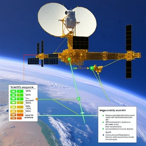 The Image Is A Diagram Of A Spacecraft, Specifically A Satellite, With A Large Dish Antenna On Top