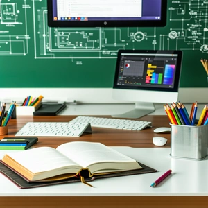 The image features a wooden desk with a laptop computer and a monit...