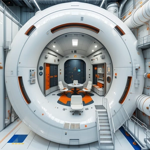 A Futuristic Room With A Large White Dome In The Center