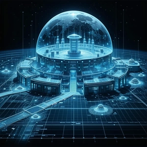 A Futuristic City With A Large, Round Building At Its Center