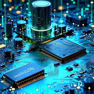 Circuit Board With Data Streams With Close-up Computer