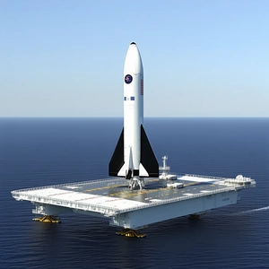 A Large White Rocket Ship Is Docked On A Floating Platform In The Ocean