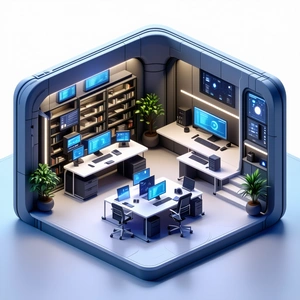 The image depicts a futuristic office space with a large number of ...