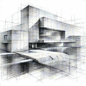 Tech Charcoal Drawing: Educational Technology In Research Center With Large Building