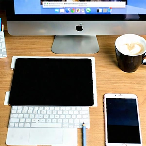 Business Aerial Photography: Workplace With (digital:1.28) Devices On Desk With Wooden Desk