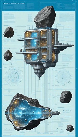 A Futuristic Space Station Is Shown In A Blue And White Drawing