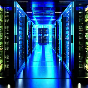 Server rack with blue light glow