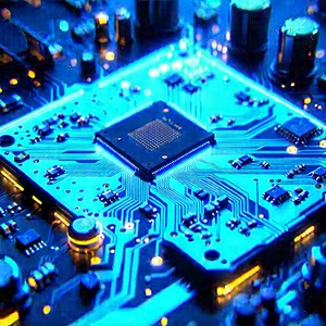 Circuit board with blue light glow