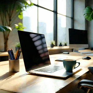 Business Octane Render: Workplace with laptop and coffee on desk