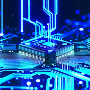 Circuit board with blue light glow