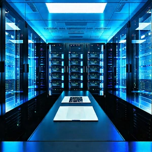 (futuristic:1.3) Server Room With White Laptop