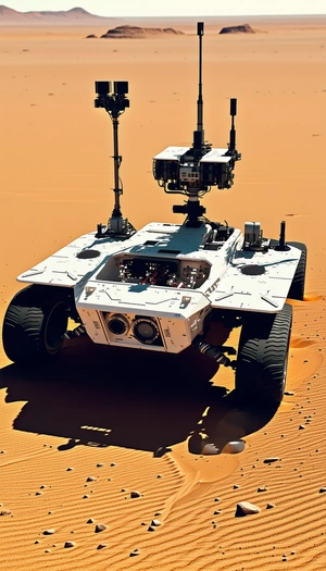 A White Robotic Vehicle With A Large Camera Mounted On Its Front
