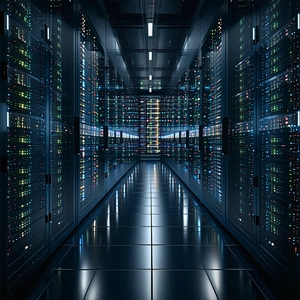 A large room filled with rows of computer servers is shown in this ...