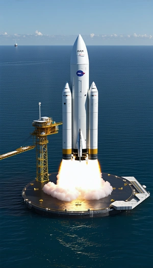 A Large White Rocket Ship, Likely A Space Shuttle, Sitting On Top Of A Platform In The Ocean