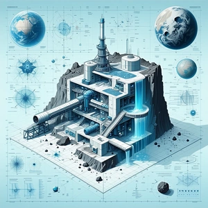 The Image Is A Blue And White Drawing Of A Futuristic City With A Large Tower In The Center