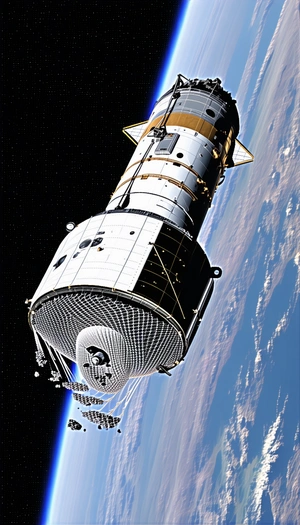 A Space Shuttle Is Flying Through The Sky, With A Large Satellite Attached To The Back Of It