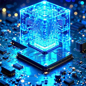 Circuit Board With Blue Light Glow With Blue, Three-dimensional