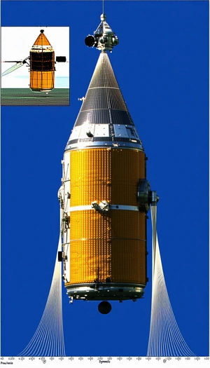 A Large Orange Rocket Is On Display, Sitting On Top Of A Tall Structure