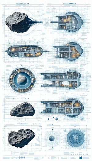 A Blue And White Drawing Of A Space Station Is Displayed
