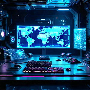 (futuristic:1.13) (digital:1.3) Workspace With Image, There