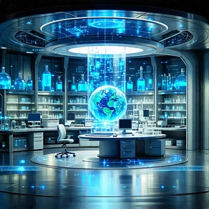 Tech Infographic Style: Futuristic Research Laboratory With Image, There